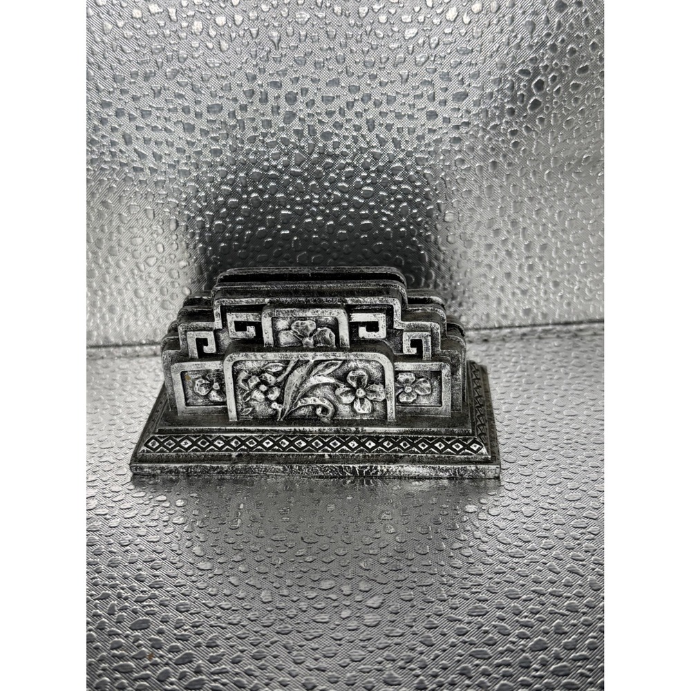 Vintage Art Deco Business Card Holder Silver Black Floral Tiered Desk Organizer
